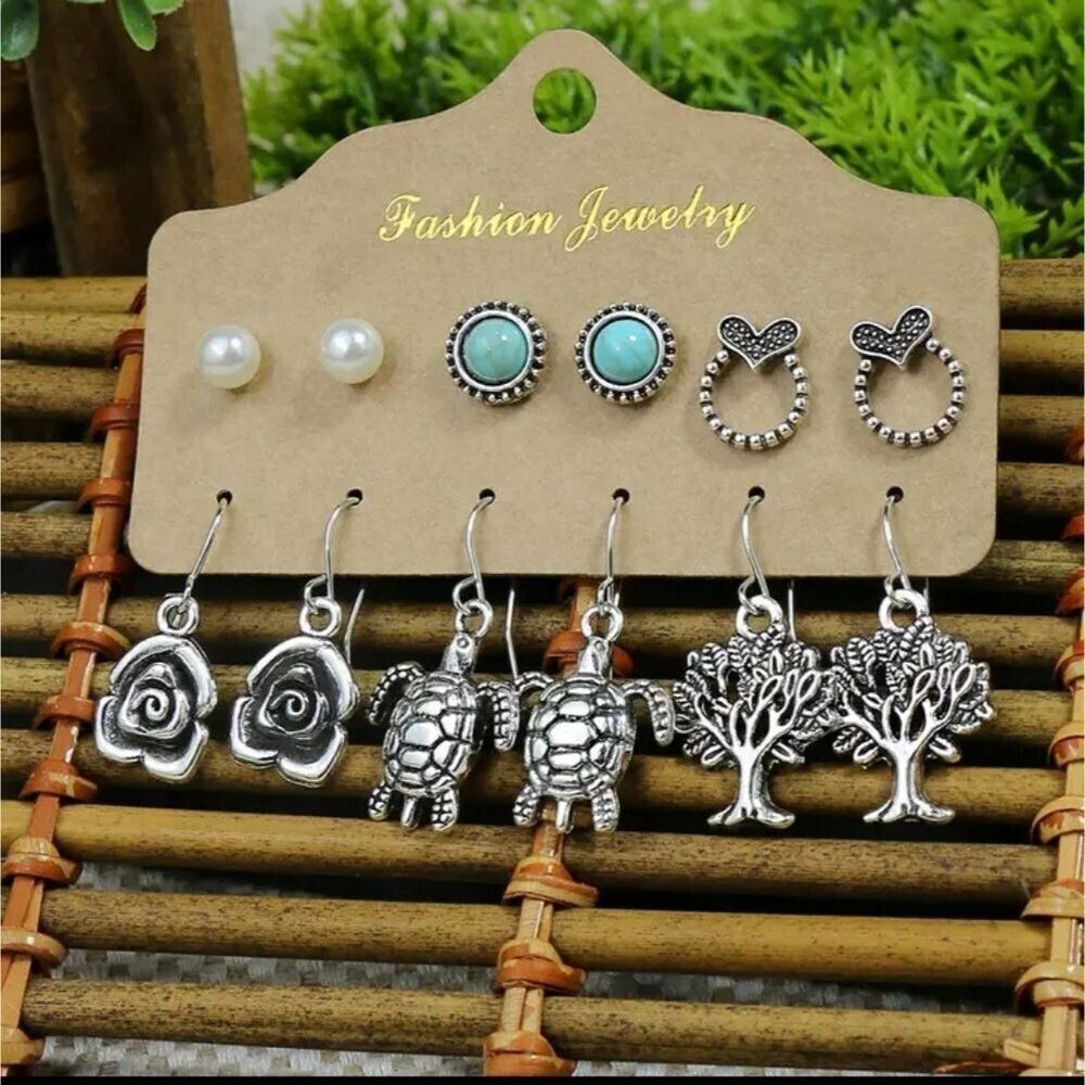 TURTLE tree of life, turquoise, rose, boho earring bundle with